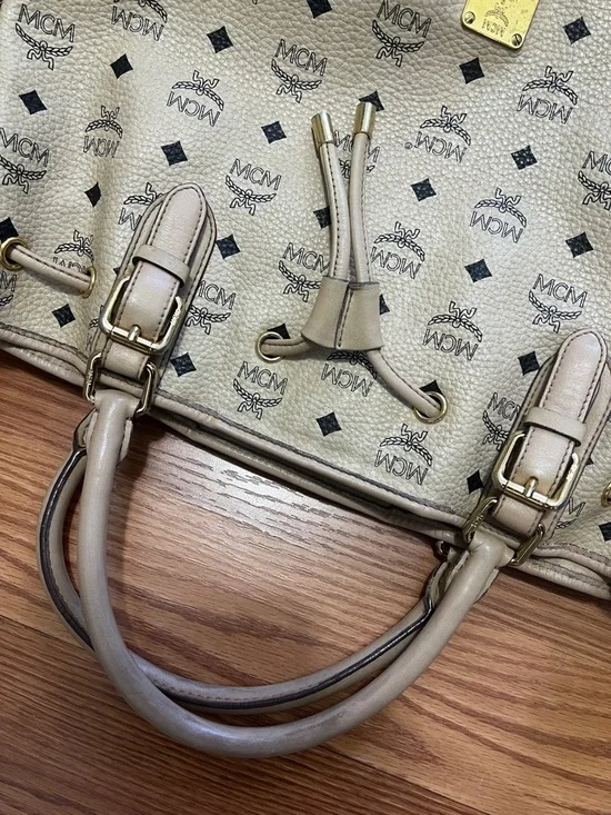 MCM Beige Logo Drawstring Tote with Gold Hardware - Picture 11 of 13